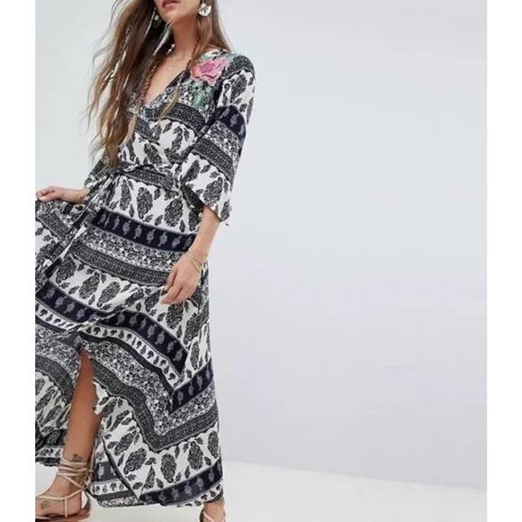Aratta Silent Journey Flared Sleeve Wrap Maxi Dress Paisley Embroidered Size XS - Picture 1 of 12